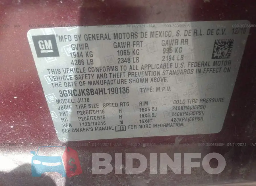 3GNCJKSB4HL190136 Photo# 9