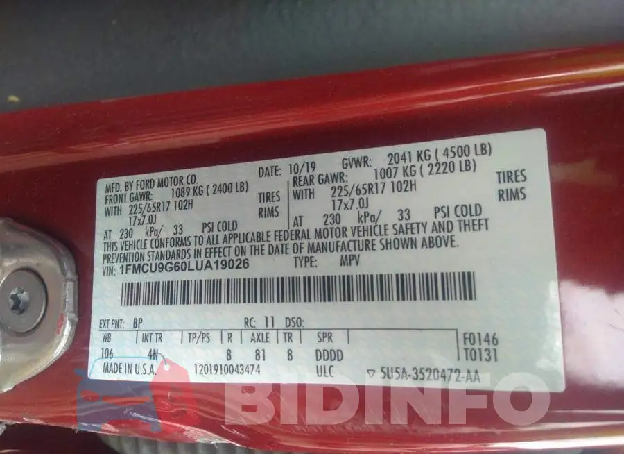 1FMCU9G60LUA19026 Photo# 9