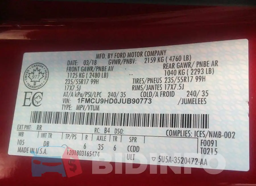 1FMCU9HD0JUB90773 Photo# 9