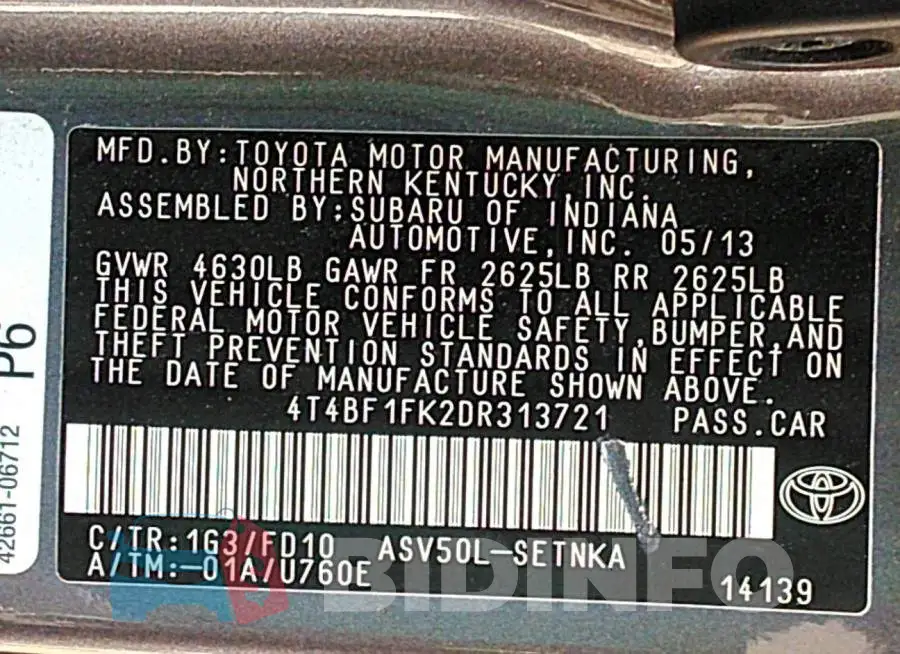 4T4BF1FK2DR313721 Photo# 9