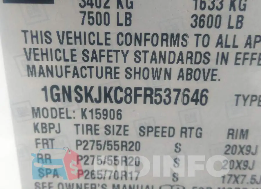 1GNSKJKC8FR537646 Photo# 9