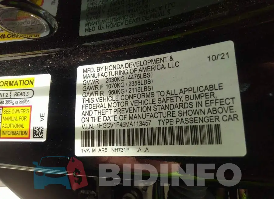 1HGCV1F45MA113457 Photo# 9