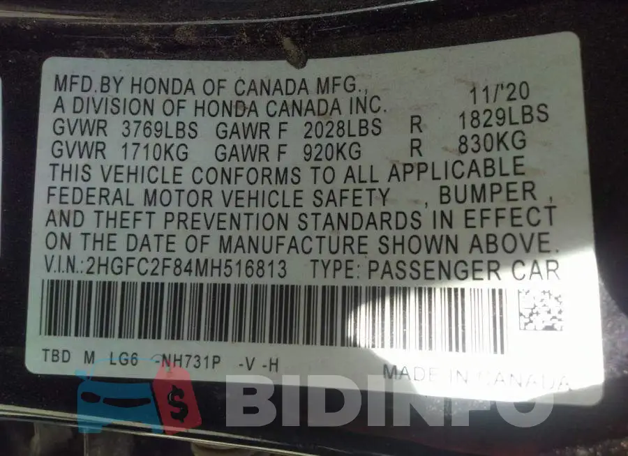 2HGFC2F84MH516813 Photo# 9