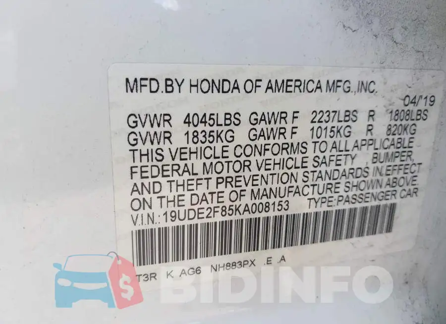 19UDE2F85KA008153 Photo# 9