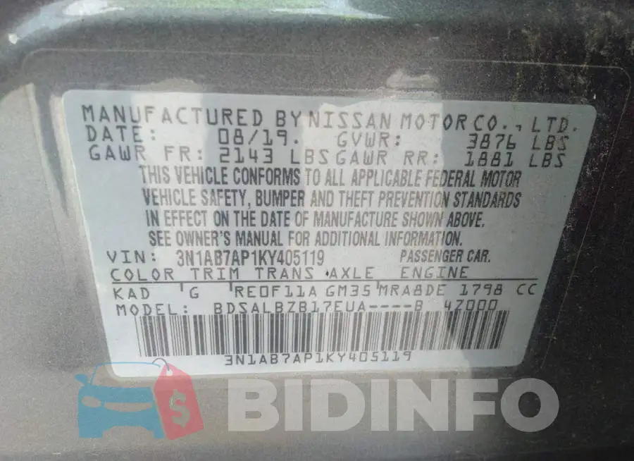 3N1AB7AP1KY405119 Photo# 9