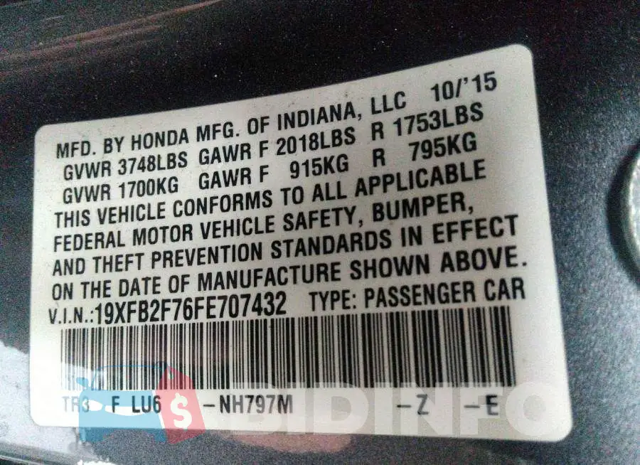 19XFB2F76FE707432 Photo# 9