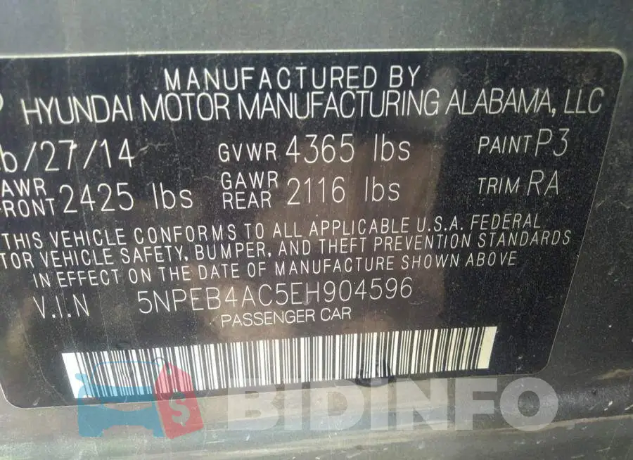 5NPEB4AC5EH904596 Photo# 9