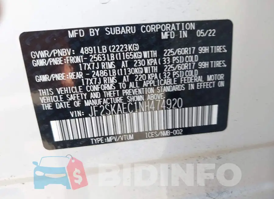 JF2SKAEC1NH474920 Photo# 9
