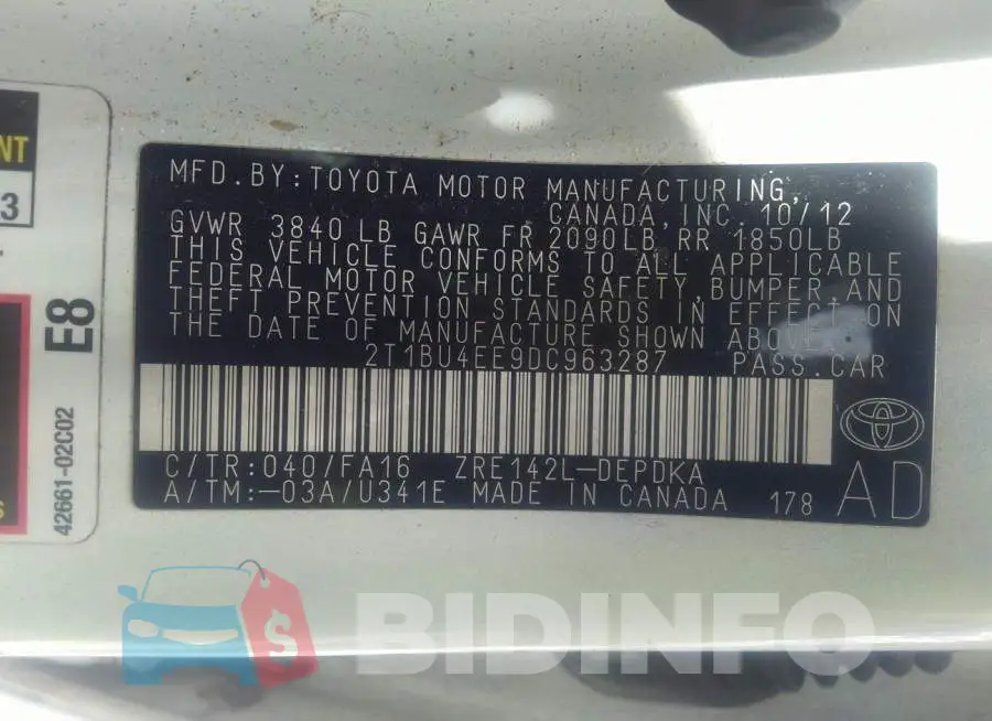 2T1BU4EE9DC963287 Photo# 9