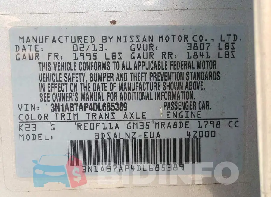 3N1AB7AP4DL685389 Photo# 9