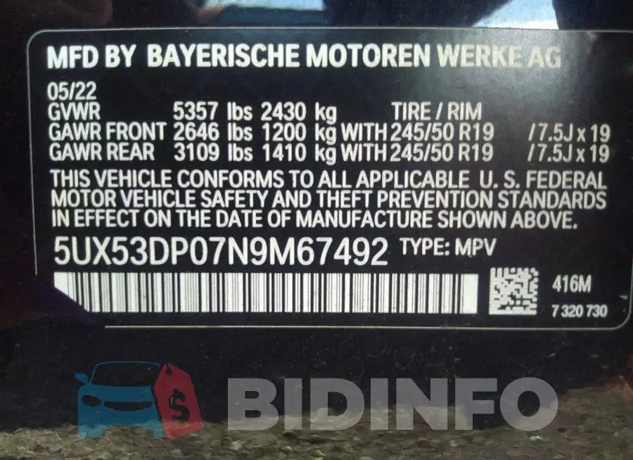 5UX53DP07N9M67492 Photo# 9