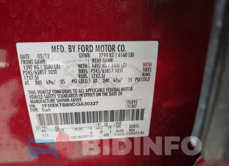 1FM5K7B89DGA30327 Photo# 9