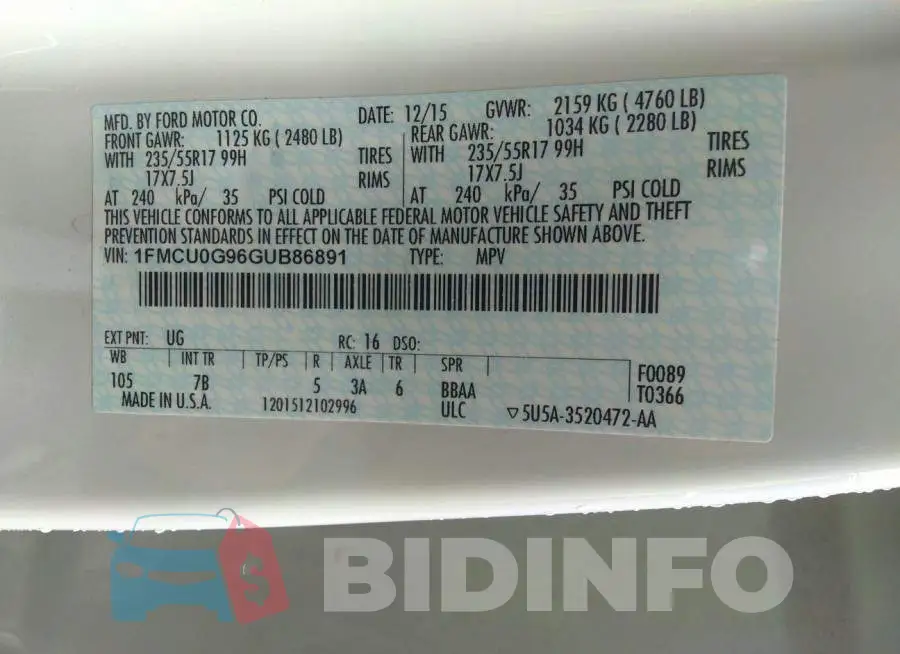 1FMCU0G96GUB86891 Photo# 9