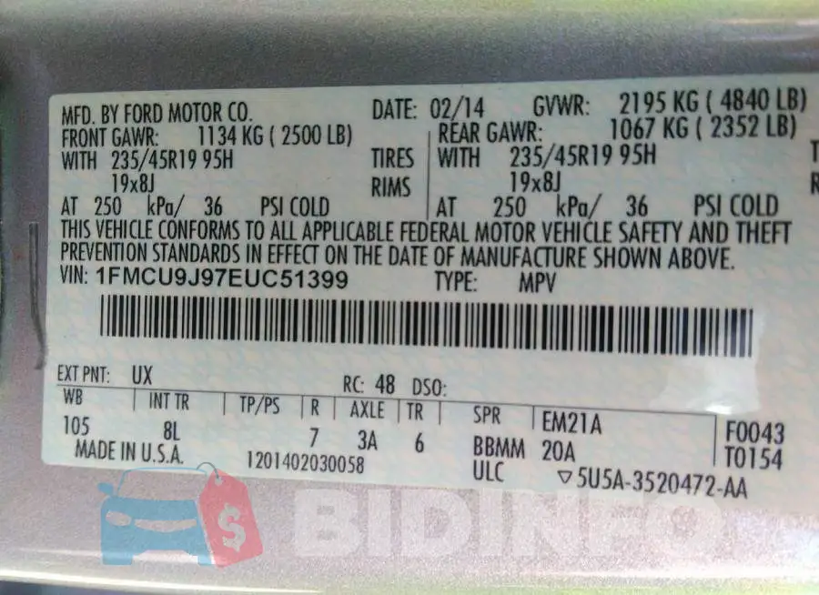 1FMCU9J97EUC51399 Photo# 9