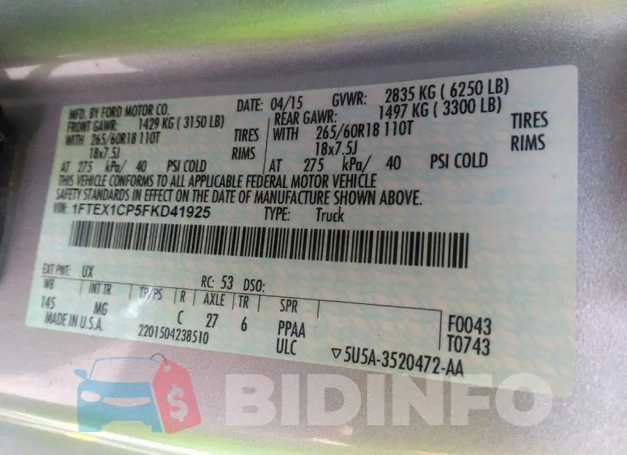 1FTEX1CP5FKD41925 Photo# 9