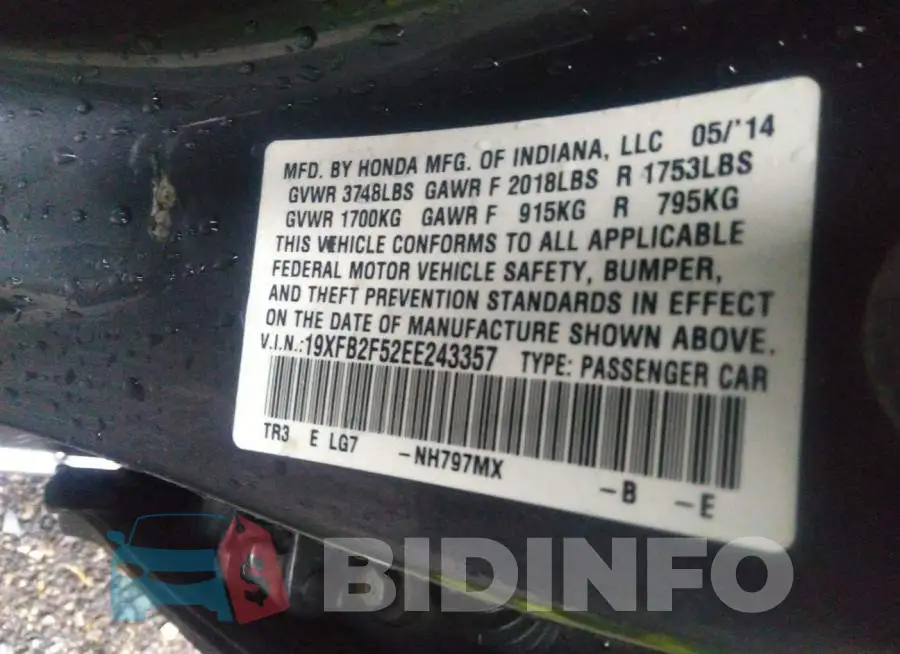 19XFB2F52EE243357 Photo# 9