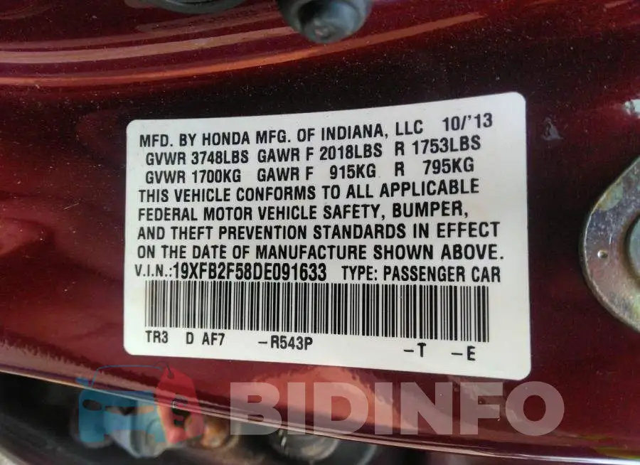 19XFB2F58DE091633 Photo# 9