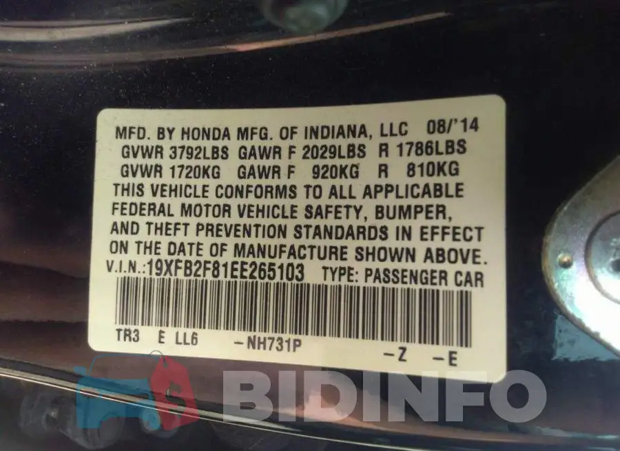 19XFB2F81EE265103 Photo# 9