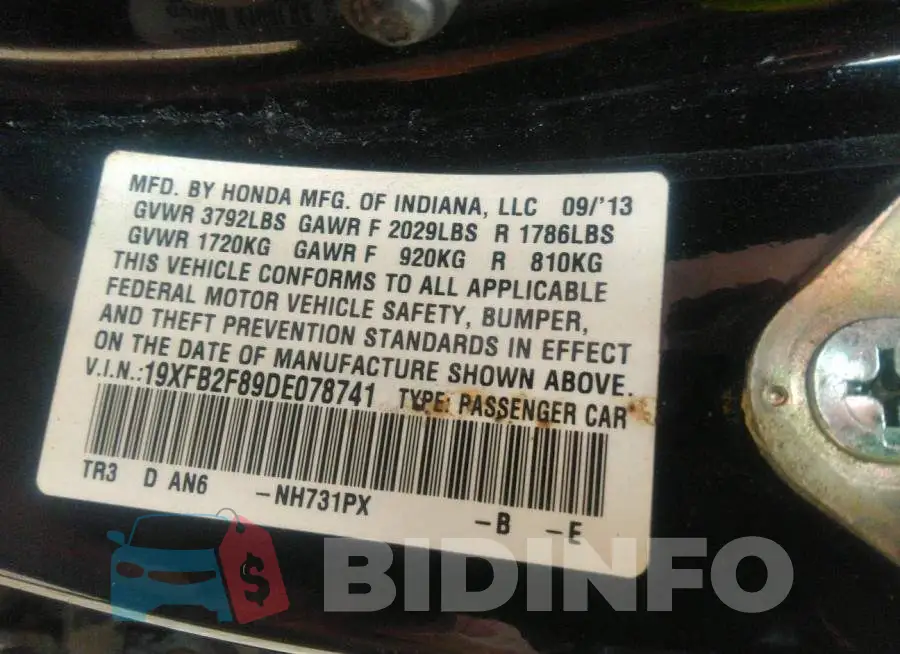 19XFB2F89DE078741 Photo# 9