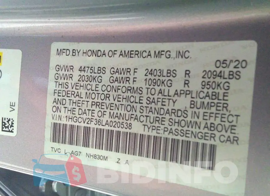 1HGCV2F36LA020538 Photo# 9