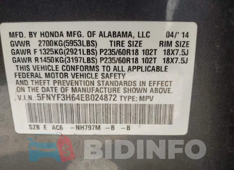 5FNYF3H64EB024872 Photo# 9
