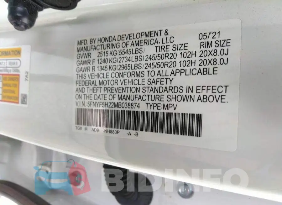 5FNYF5H22MB038874 Photo# 9