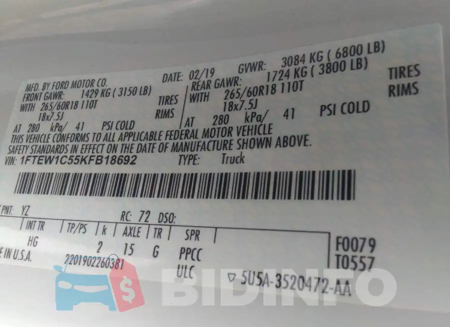 1FTEW1C55KFB18692 Photo# 9
