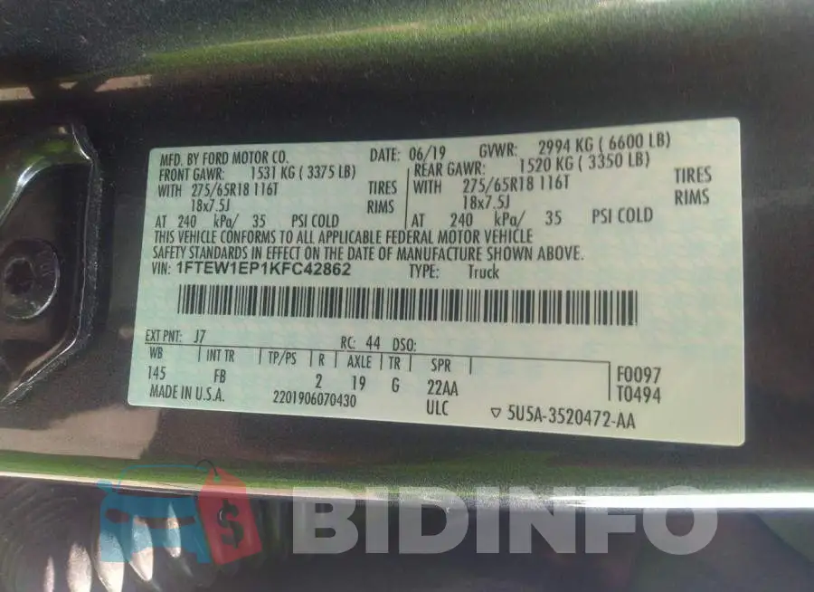1FTEW1EP1KFC42862 Photo# 9