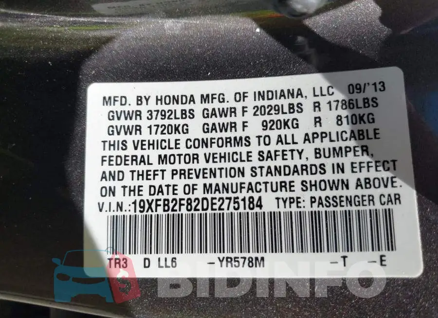 19XFB2F82DE275184 Photo# 9