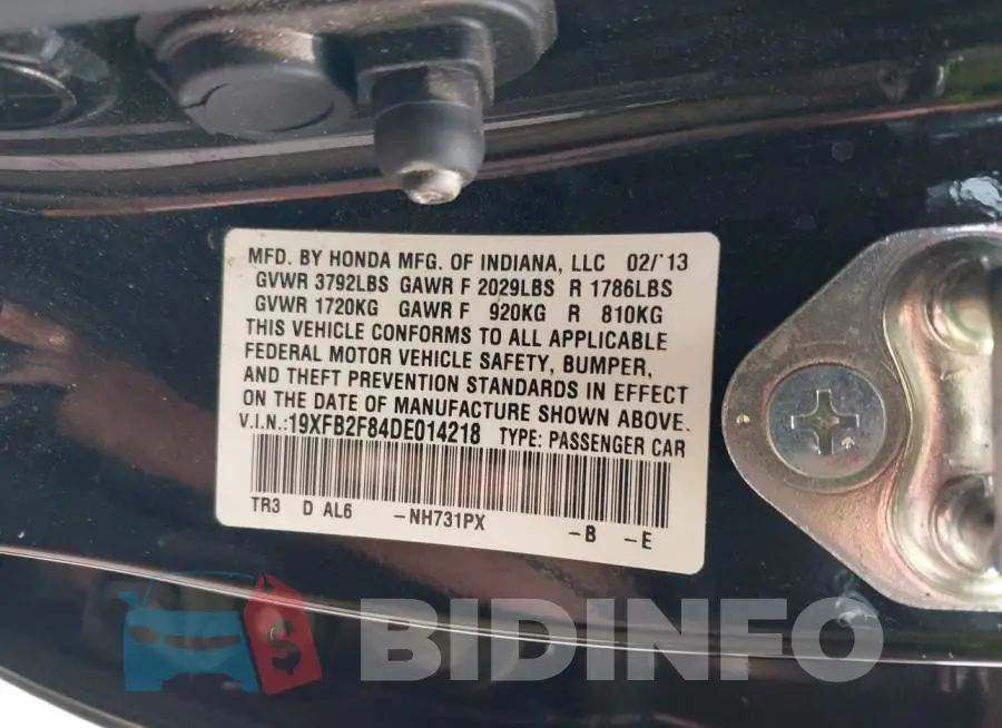 19XFB2F84DE014218 Photo# 9