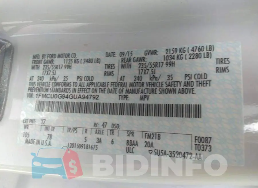 1FMCU0G94GUA94792 Photo# 9