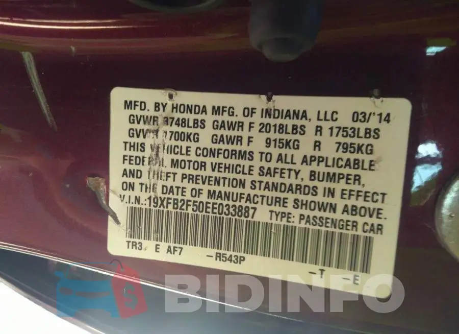 19XFB2F50EE033887 Photo# 9