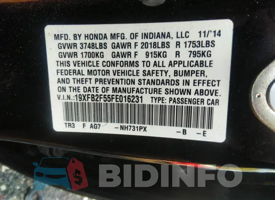 19XFB2F55FE016231 Photo# 9