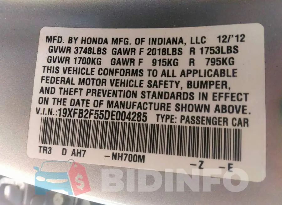 19XFB2F55DE004285 Photo# 9