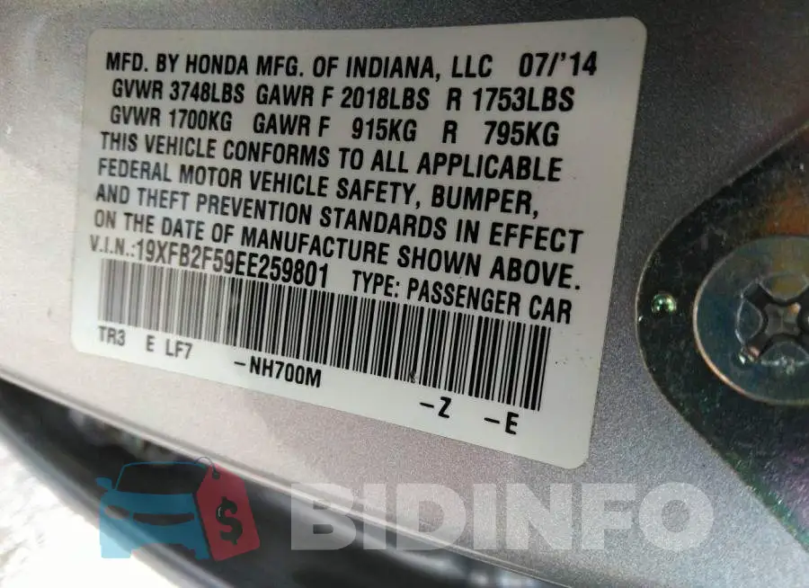 19XFB2F59EE259801 Photo# 9