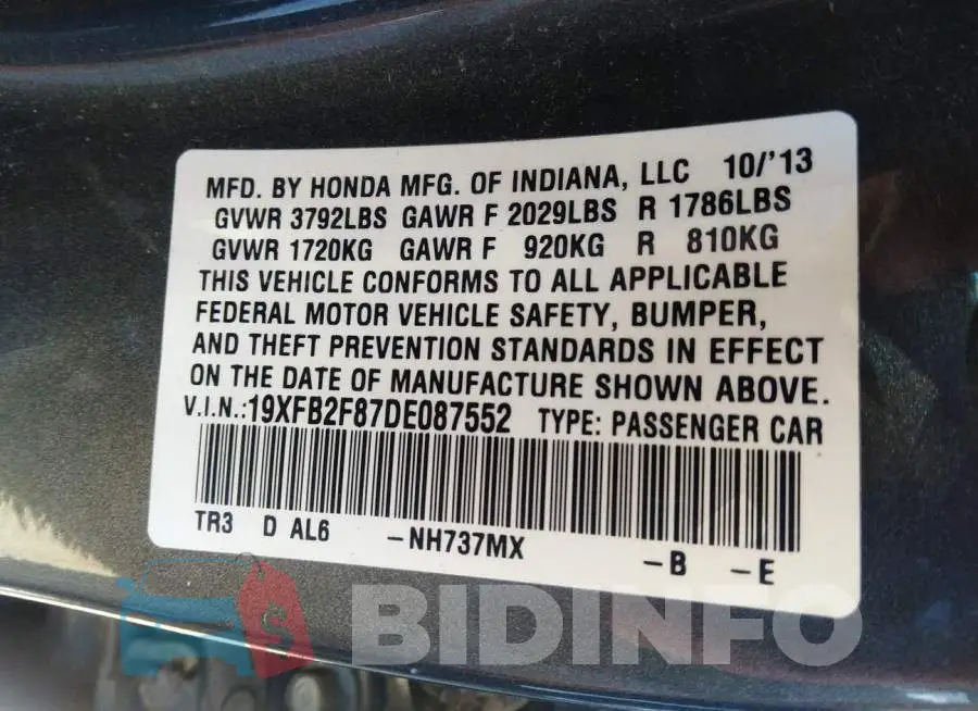 19XFB2F87DE087552 Photo# 9