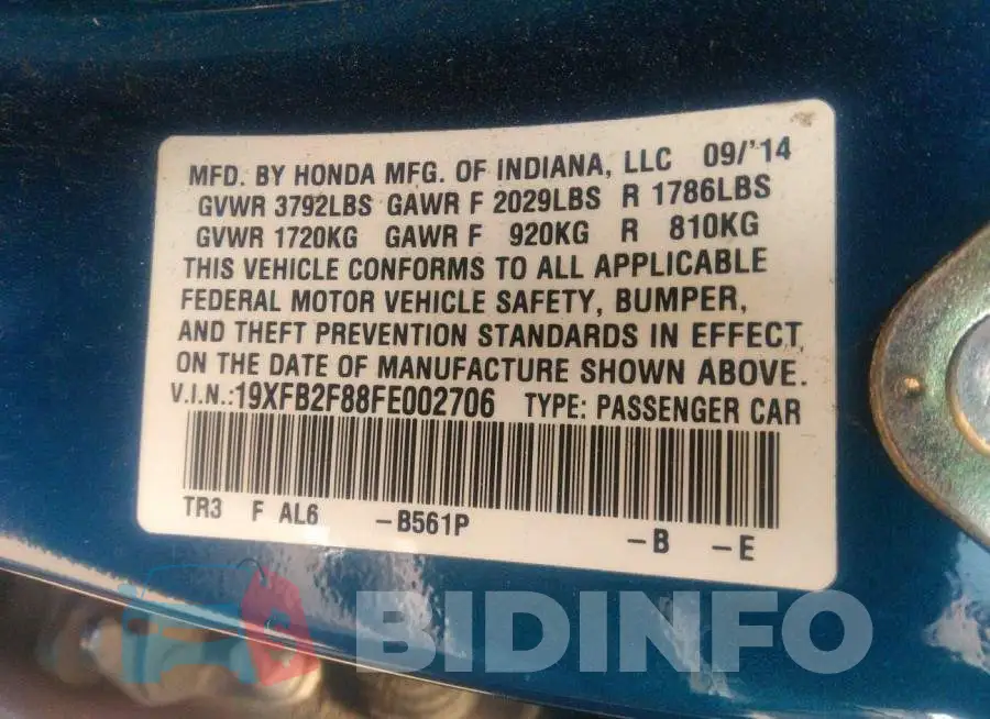 19XFB2F88FE002706 Photo# 9