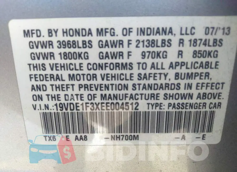 19VDE1F3XEE004512 Photo# 9