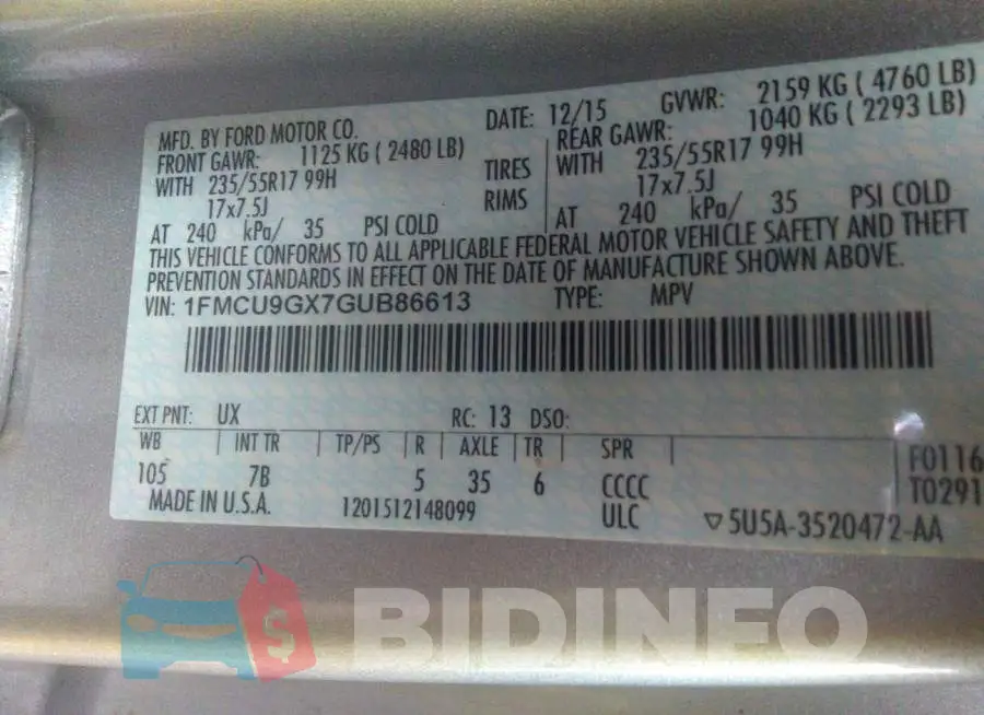 1FMCU9GX7GUB86613 Photo# 9