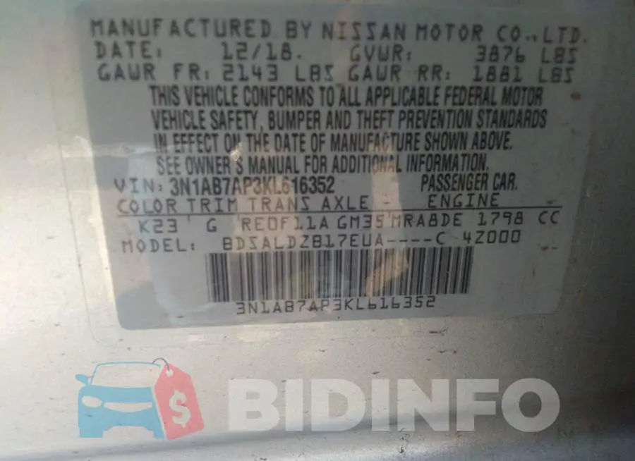 3N1AB7AP3KL616352 Photo# 9