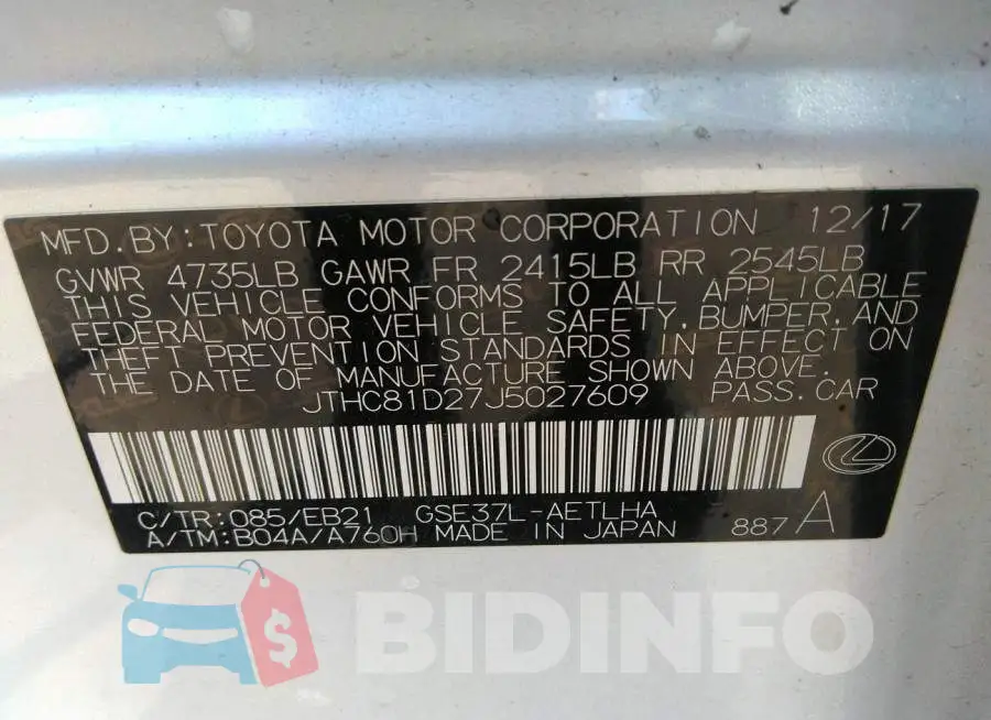 JTHC81D27J5027609 Photo# 9