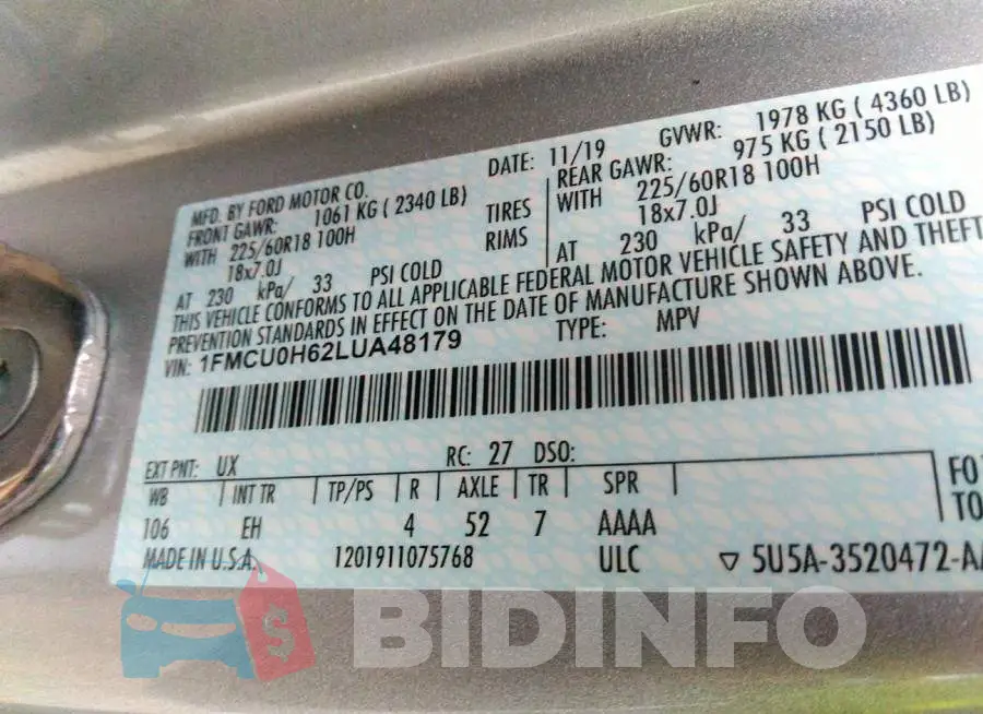 1FMCU0H62LUA48179 Photo# 9