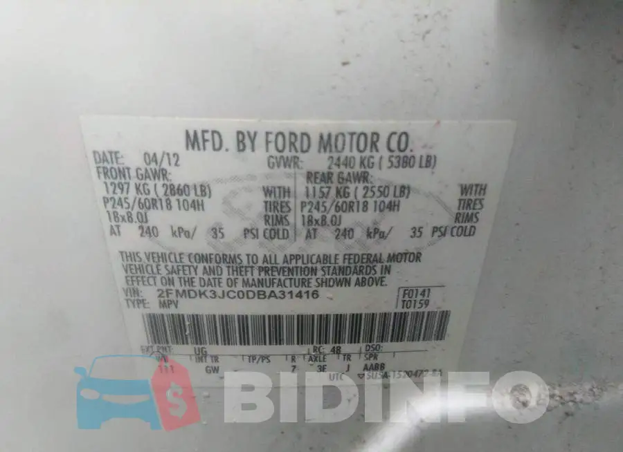 2FMDK3JC0DBA31416 Photo# 9