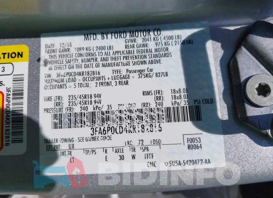 3FA6P0CD4KR182816 Photo# 9