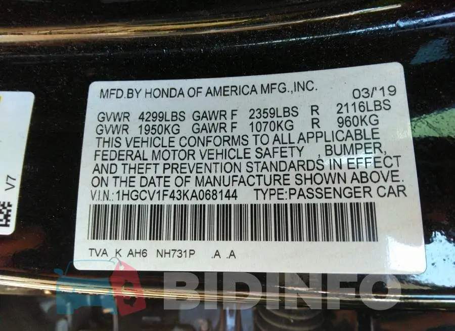 1HGCV1F43KA068144 Photo# 9