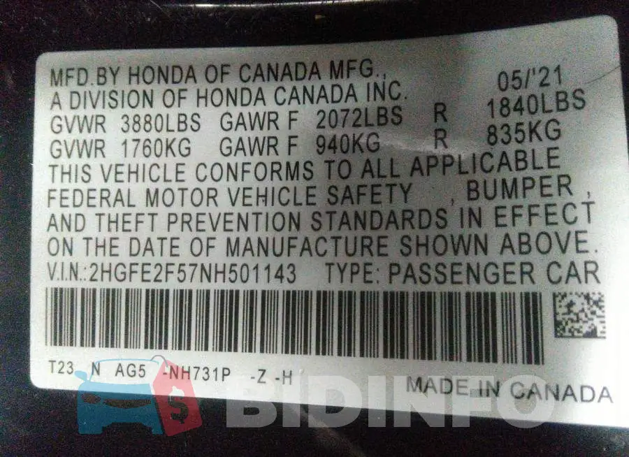 2HGFE2F57NH501143 Photo# 9
