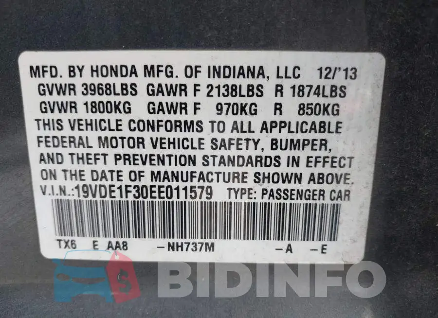 19VDE1F30EE011579 Photo# 9