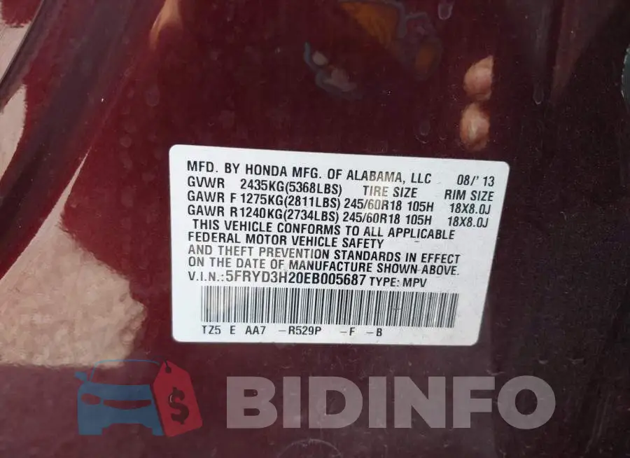 5FRYD3H20EB005687 Photo# 9