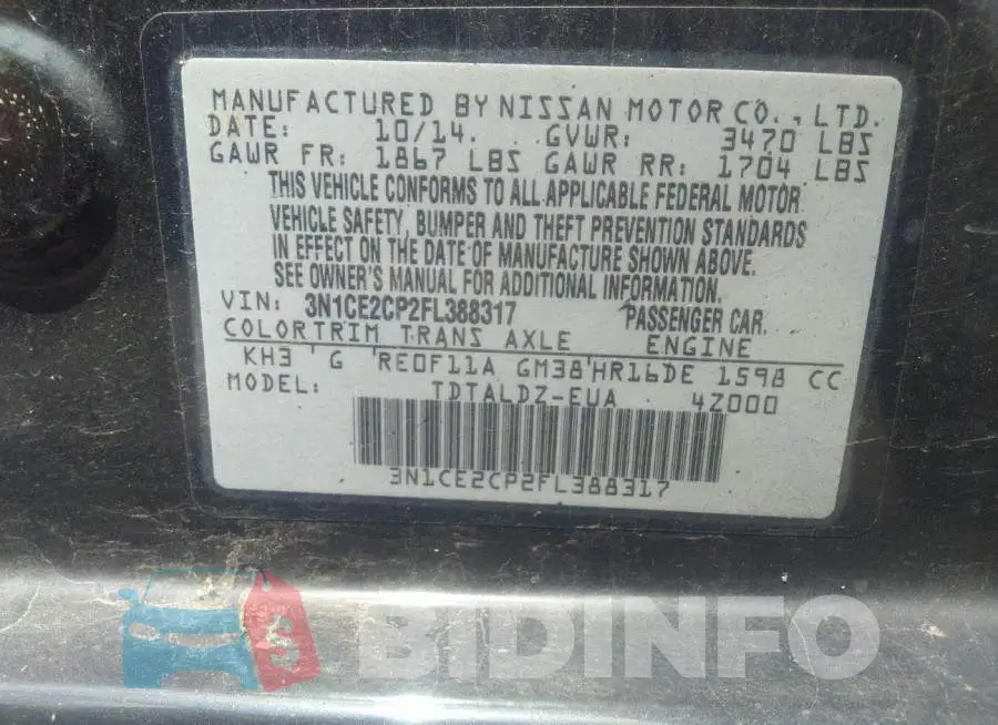 3N1CE2CP2FL388317 Photo# 9
