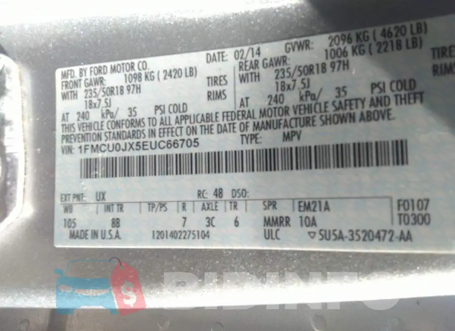1FMCU0JX5EUC66705 Photo# 9